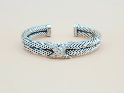    David Yurman Double Cable Diamond X Silver Gold Bracelet