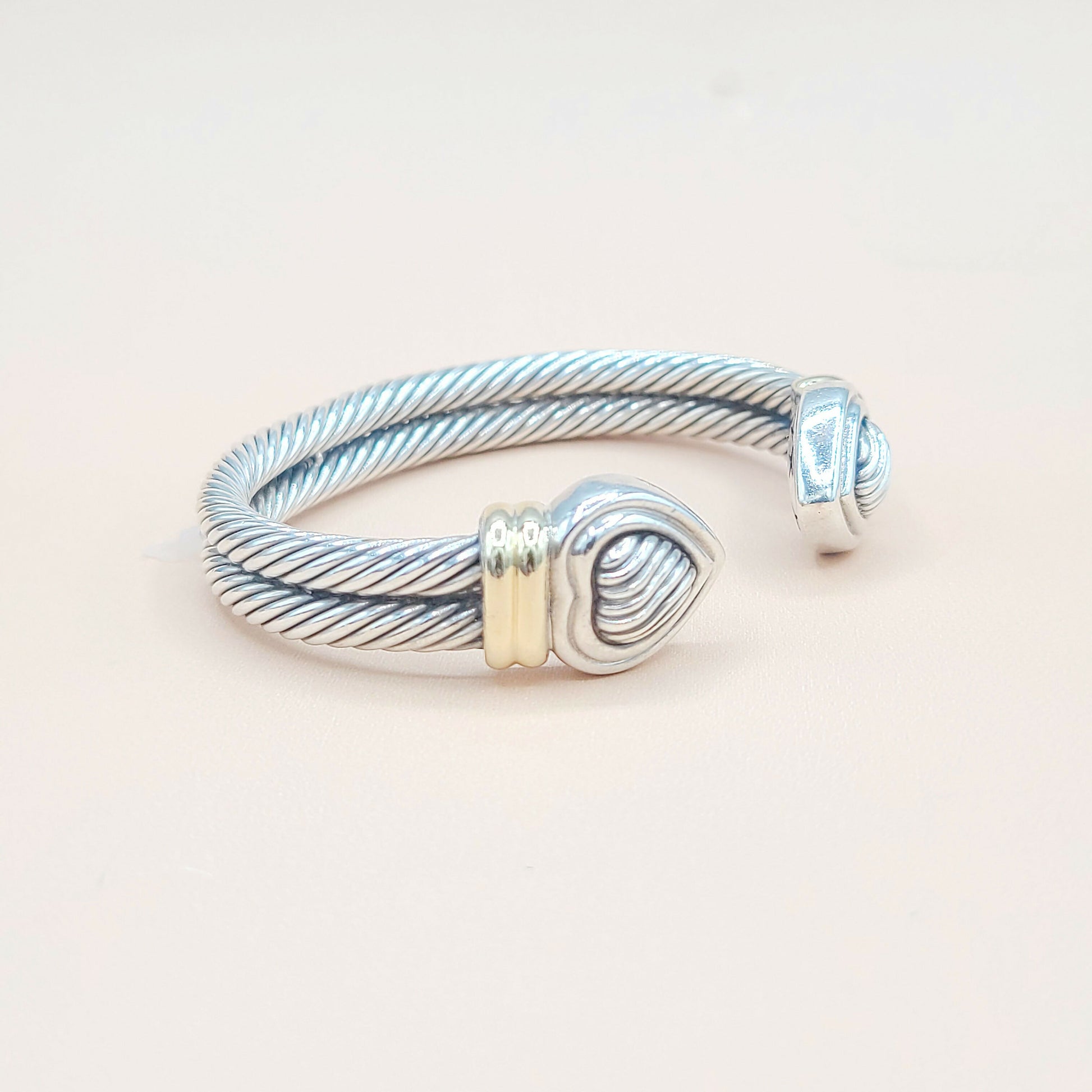    David Yurman Double Cable Sculpted Heart Silver Gold Bracelet