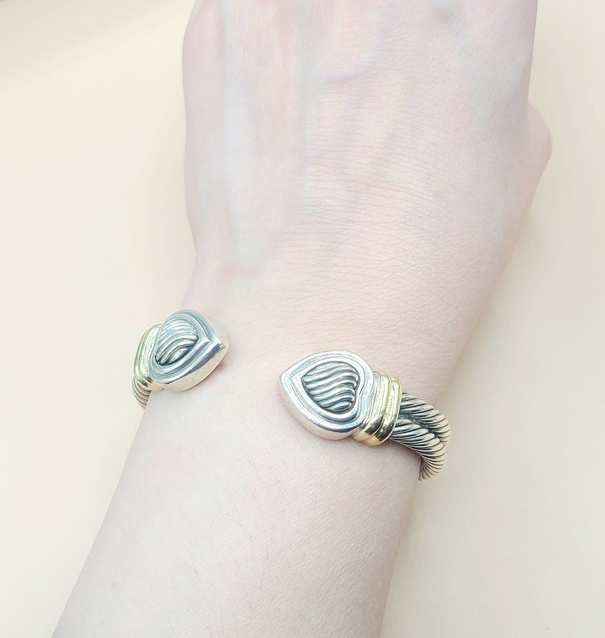    David Yurman Double Cable Sculpted Heart Silver Gold Bracelet