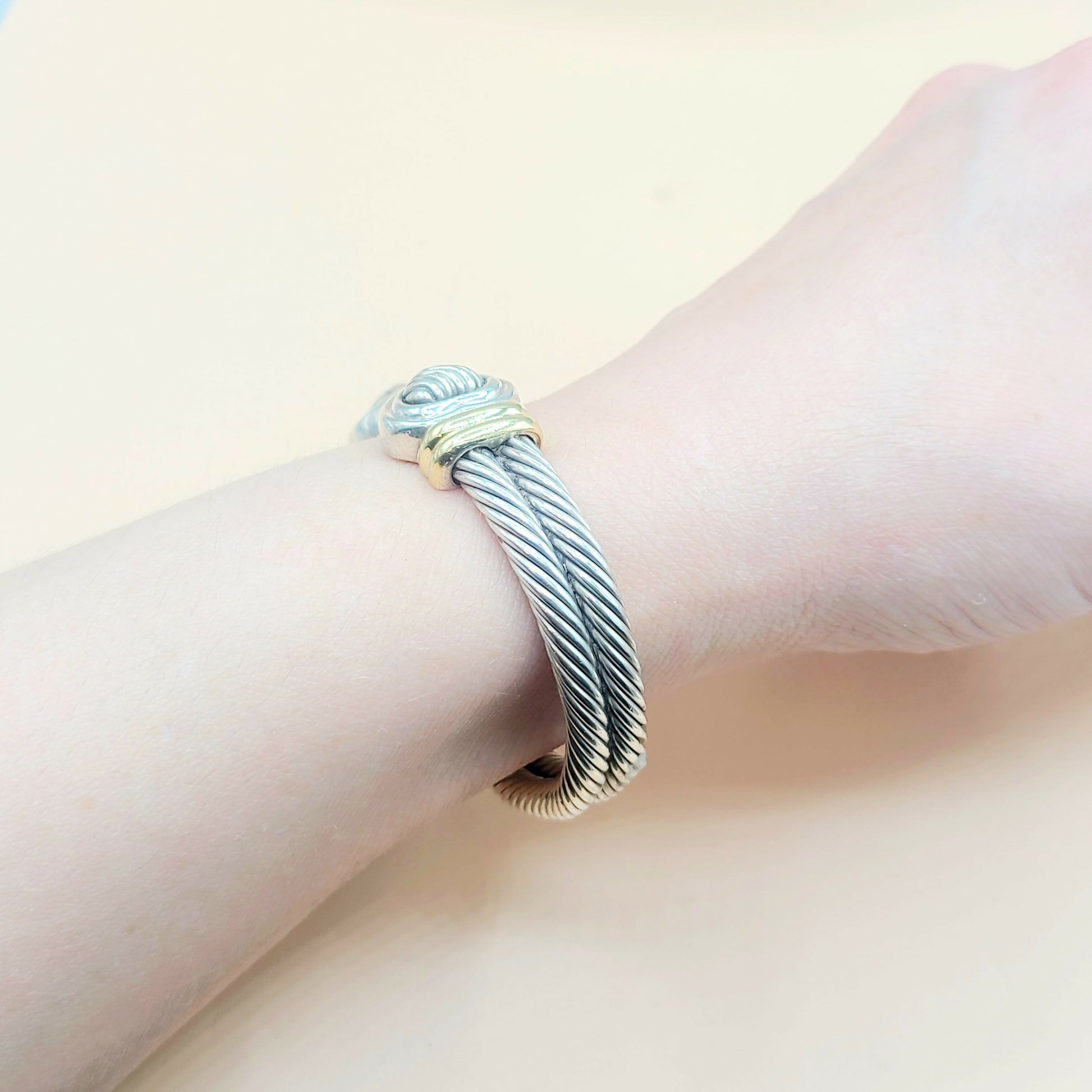    David Yurman Double Cable Sculpted Heart Silver Gold Bracelet