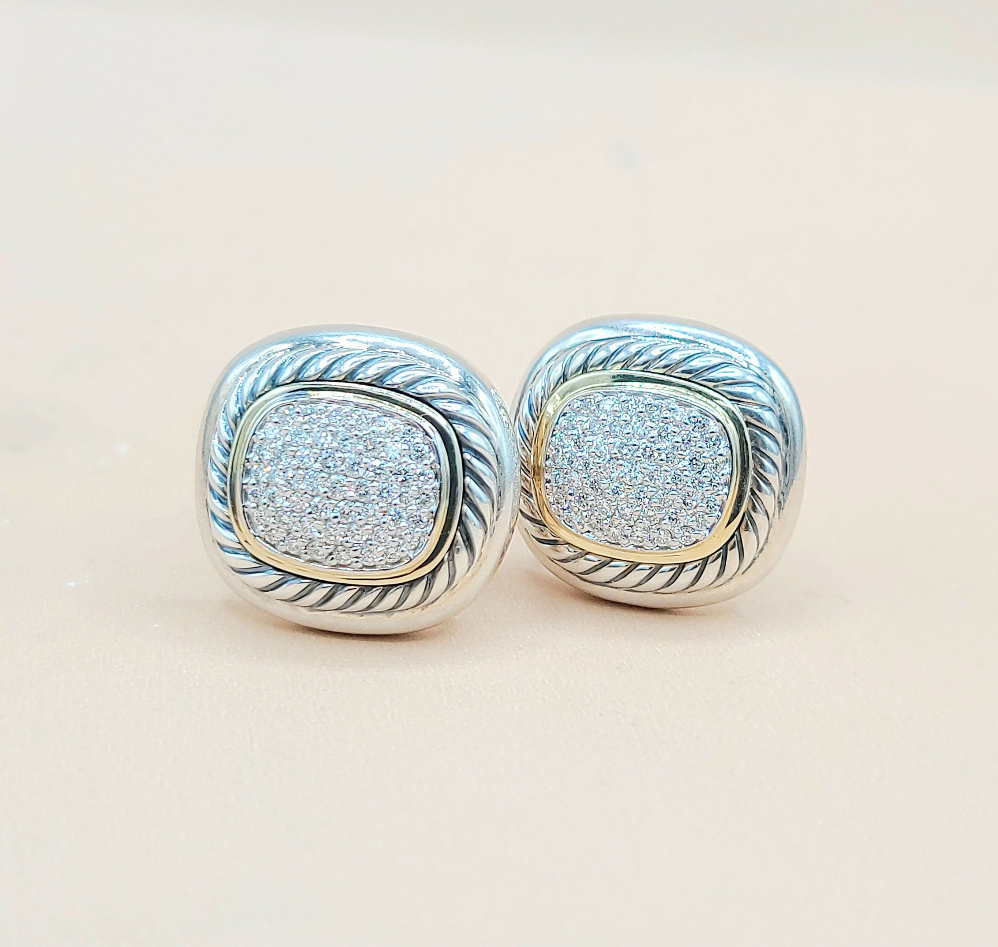    David Yurman Large Albion Silver Gold Diamond Earrings