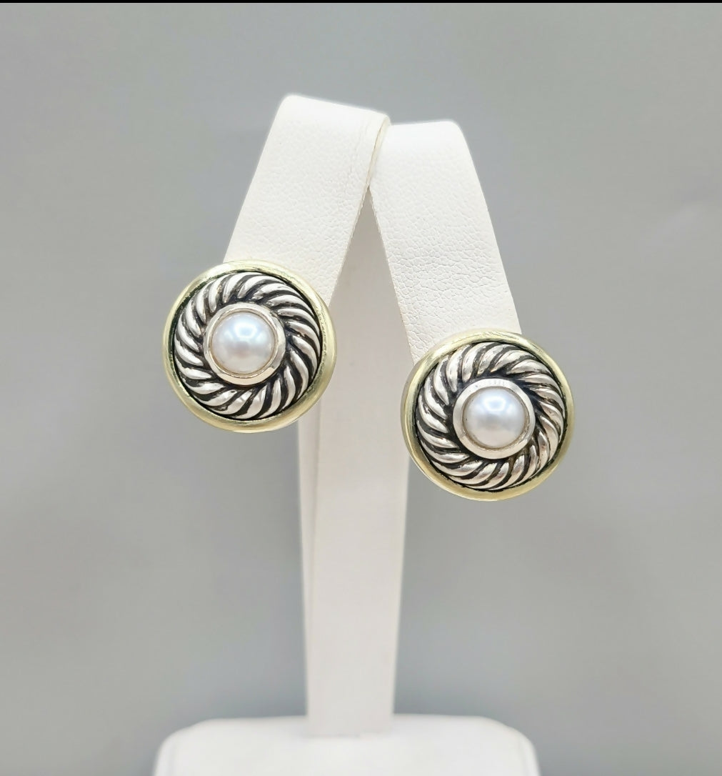    David Yurman Large Cookie Pearl Gold Earrings