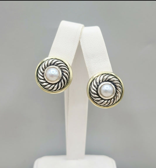    David Yurman Large Cookie Pearl Gold Earrings