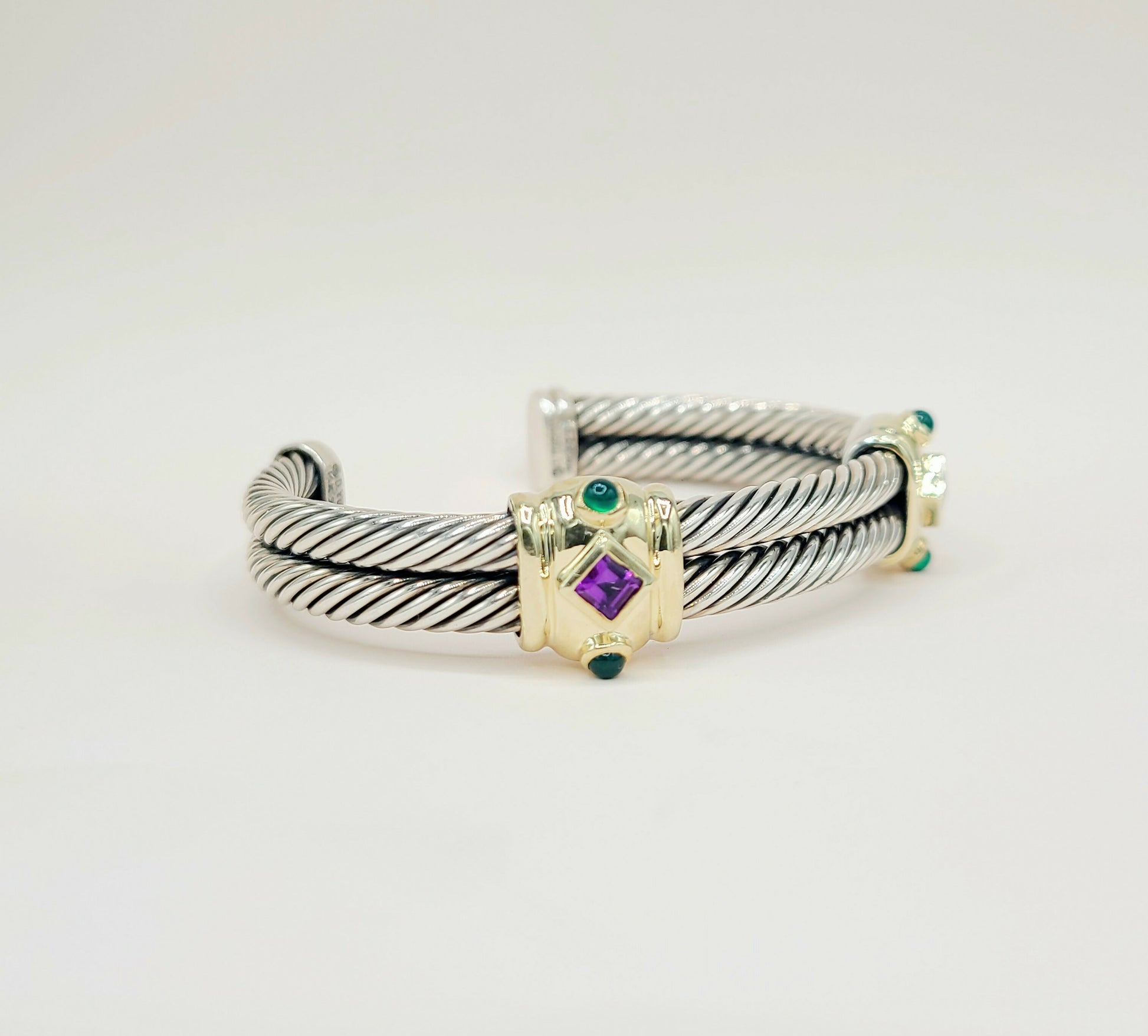    David Yurman Renaissance Amethyst Green Onyx Gold Double Cable Station Bracelet