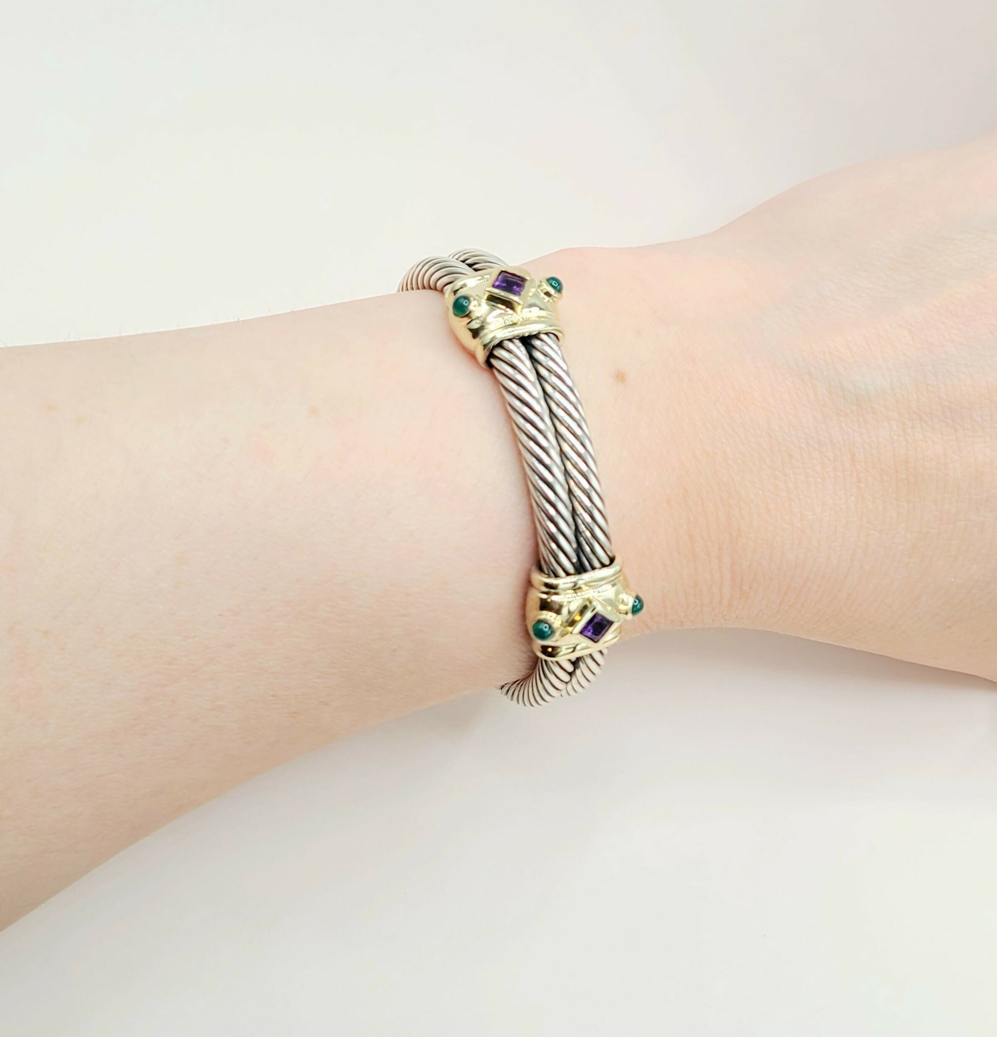    David Yurman Renaissance Amethyst Green Onyx Gold Double Cable Station Bracelet