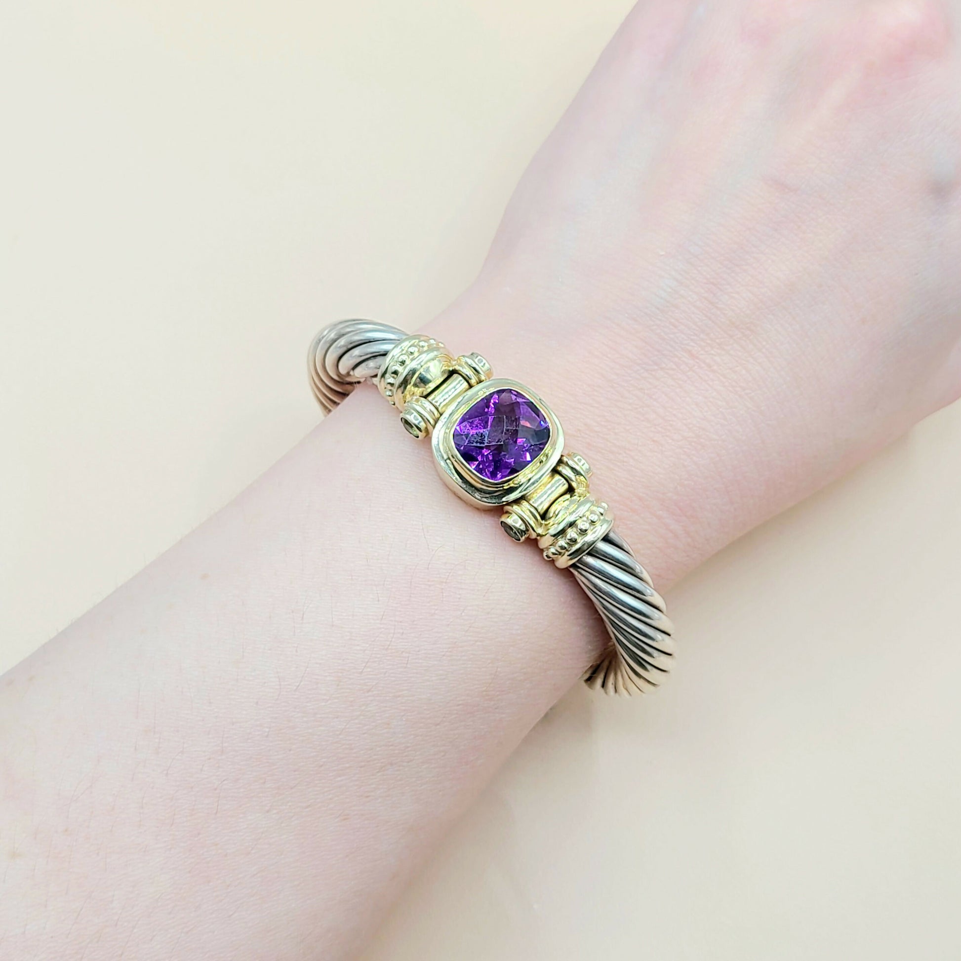    David Yurman Renaissance Amethyst Peridot Sterling Silver Gold Bracelet, 10mm