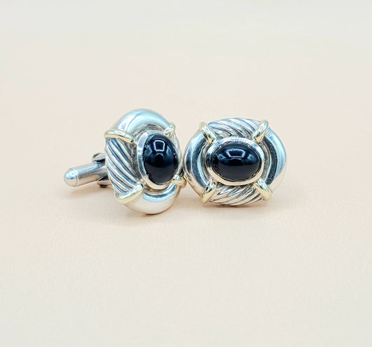    David Yurman Renaissance Silver Gold Black Onyx Cufflinks