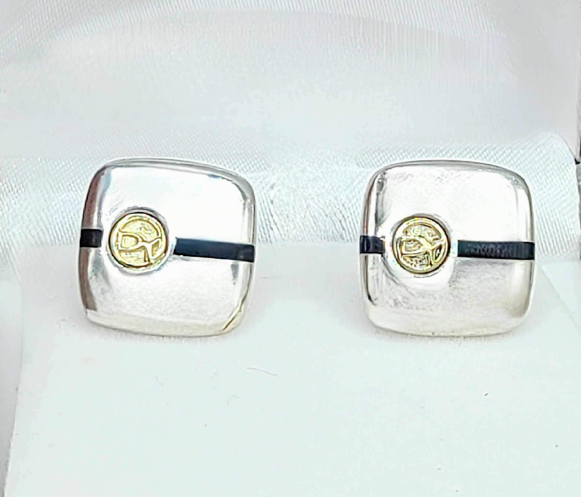    David Yurman Signature Silver Gold Black Enamel Logo Cufflinks