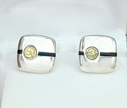    David Yurman Signature Silver Gold Black Enamel Logo Cufflinks