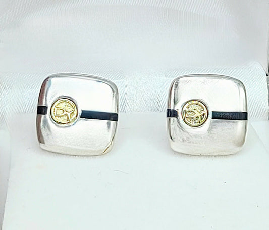    David Yurman Signature Silver Gold Black Enamel Logo Cufflinks