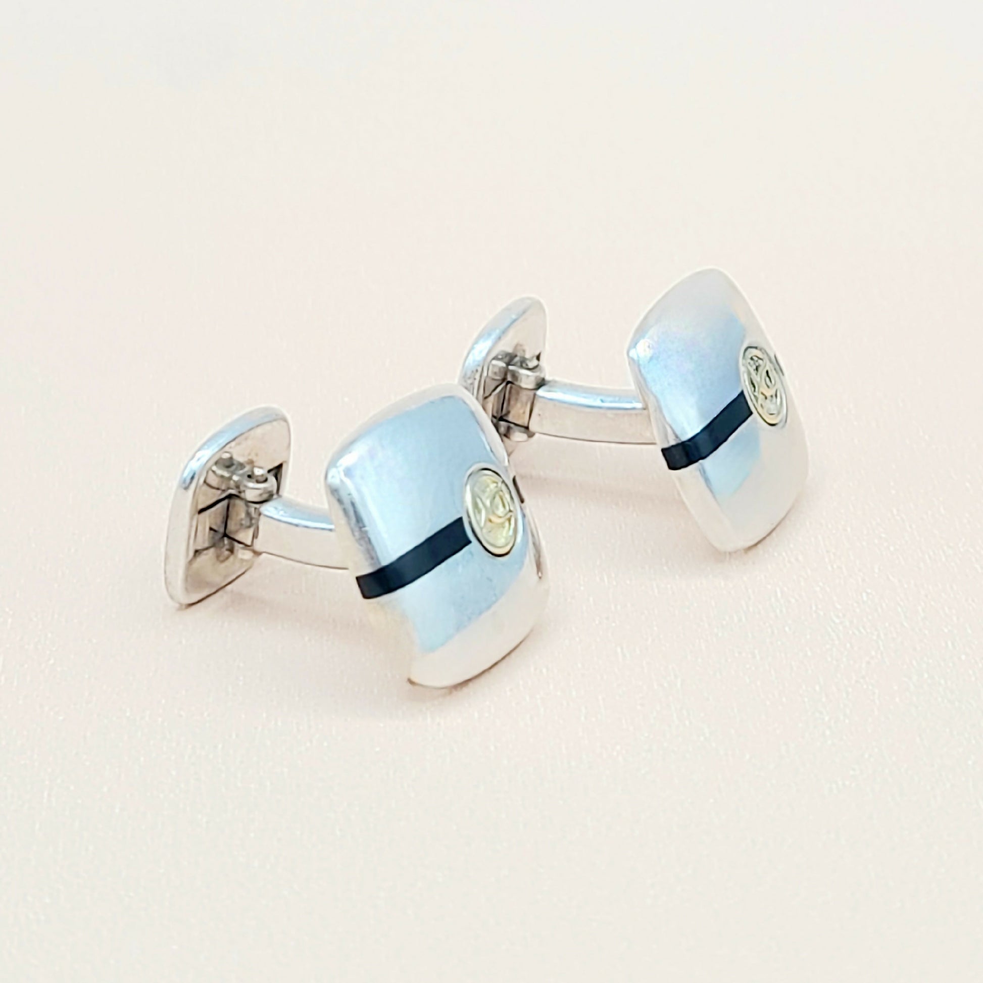    David Yurman Signature Silver Gold Black Enamel Logo Cufflinks