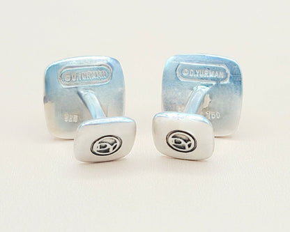    David Yurman Signature Silver Gold Black Enamel Logo Cufflinks