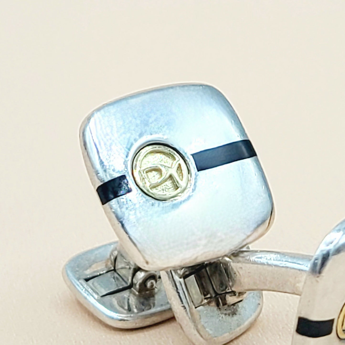    David Yurman Signature Silver Gold Black Enamel Logo Cufflinks