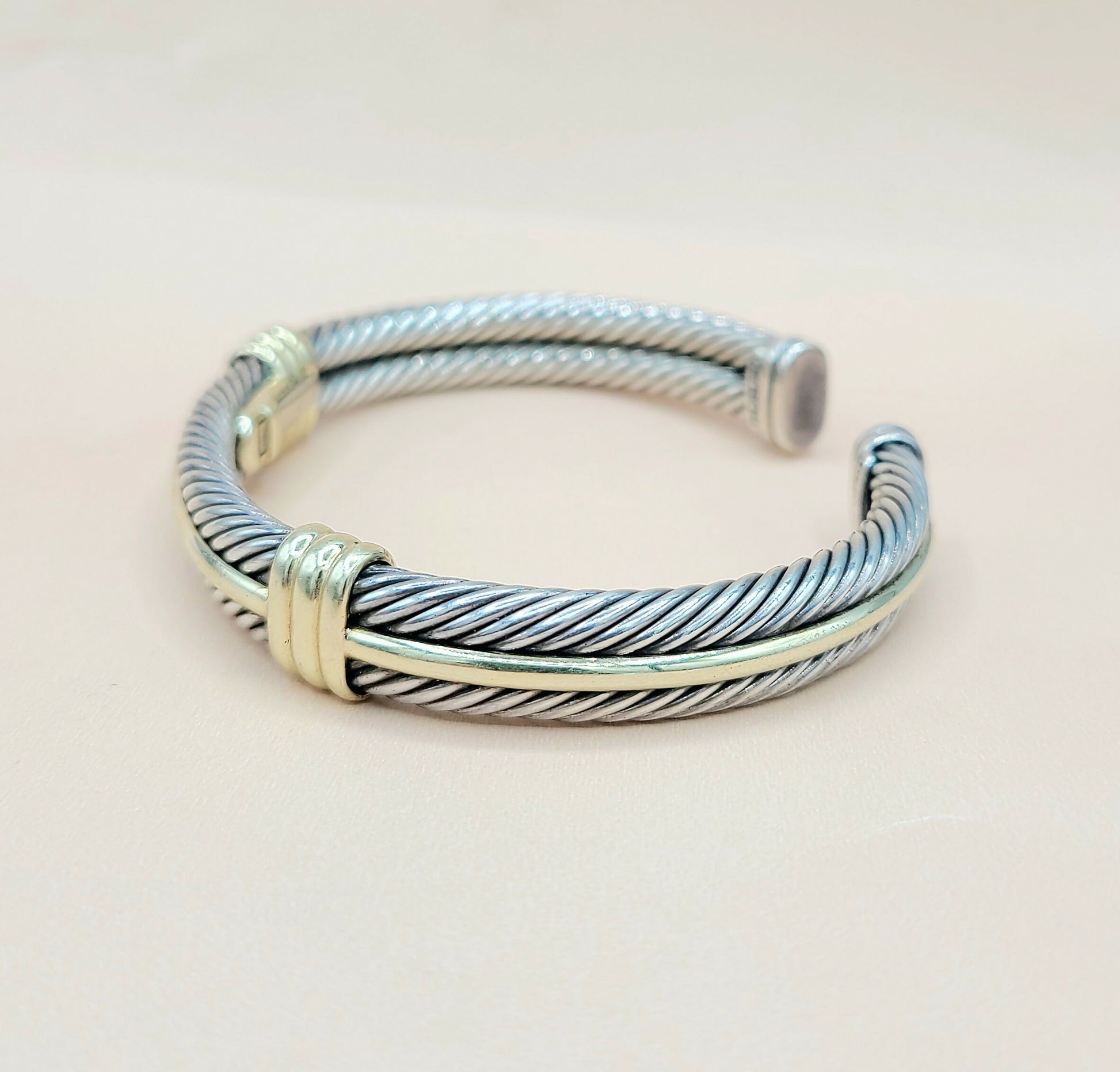    David Yurman Silver Gold Double Cable Hinged Bracelet