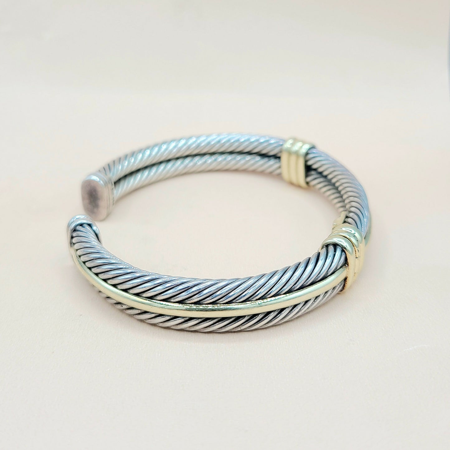    David Yurman Silver Gold Double Cable Hinged Bracelet