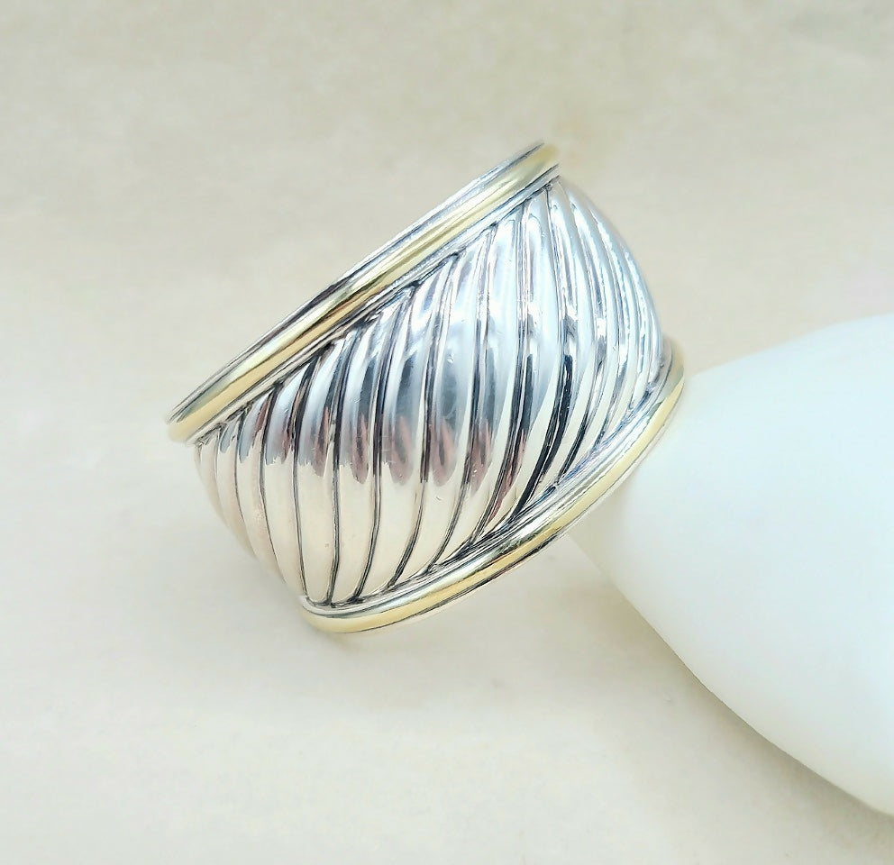    David Yurman Wide Sculpted Silver Gold Thoroughbred Cuff Bracelet