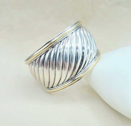    David Yurman Wide Sculpted Silver Gold Thoroughbred Cuff Bracelet