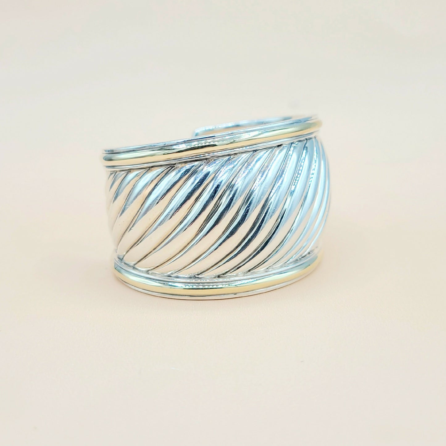    David Yurman Wide Sculpted Silver Gold Thoroughbred Cuff Bracelet