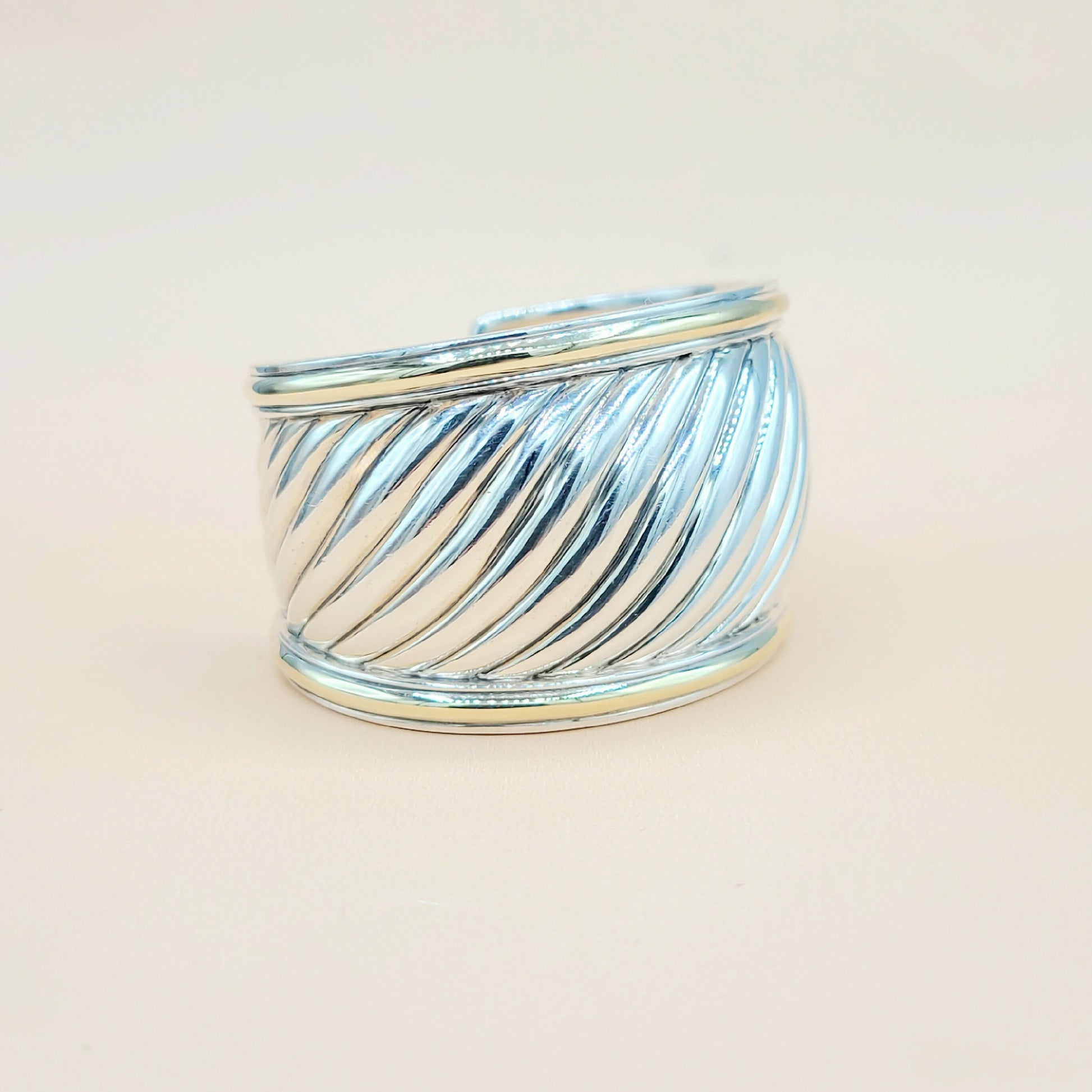    David Yurman Wide Sculpted Silver Gold Thoroughbred Cuff Bracelet