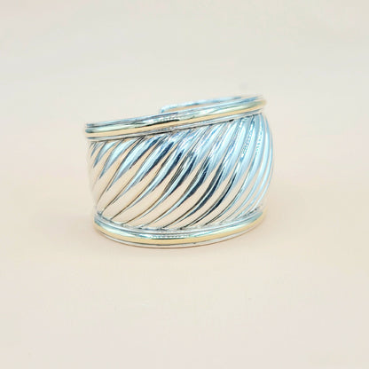    David Yurman Wide Sculpted Silver Gold Thoroughbred Cuff Bracelet