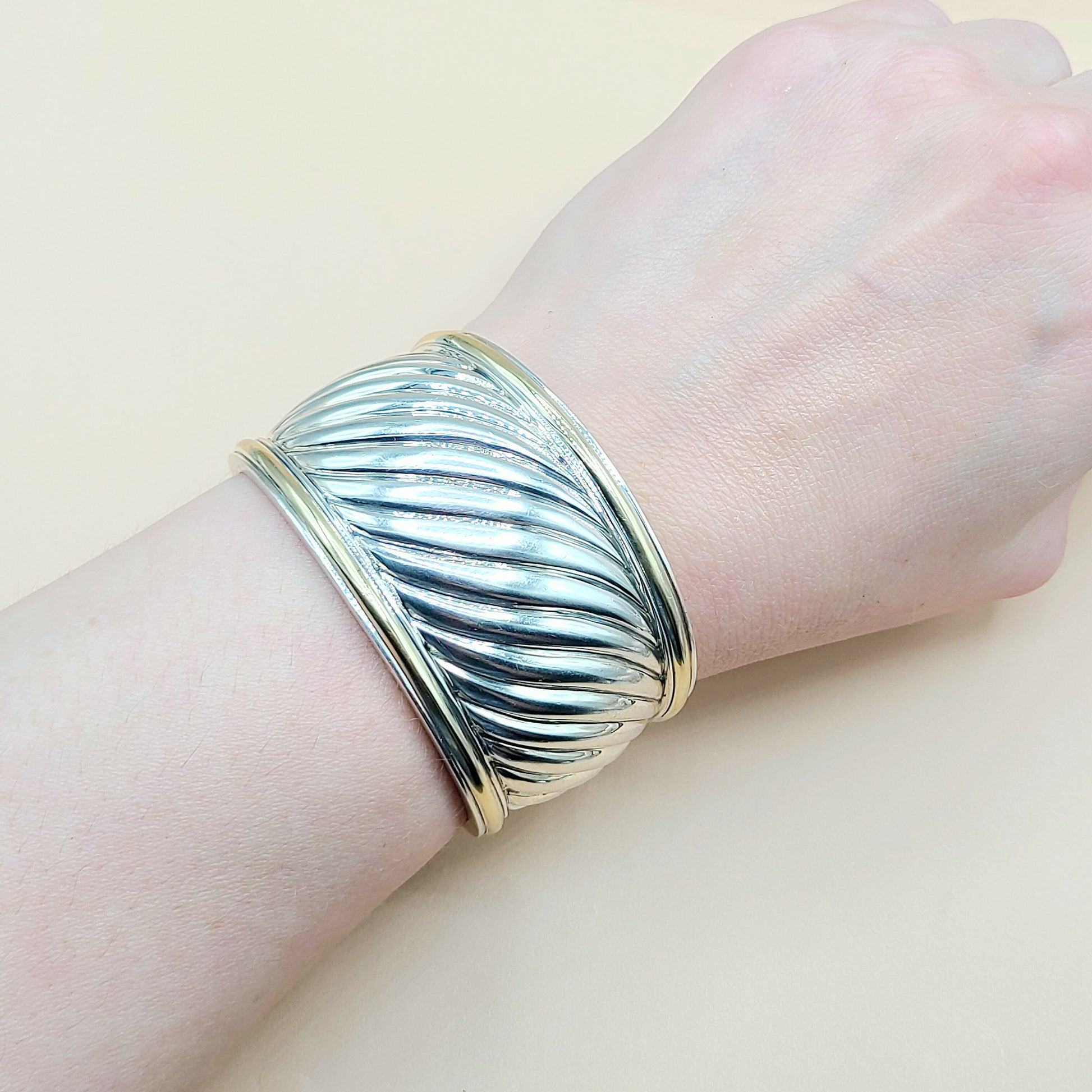    David Yurman Wide Sculpted Silver Gold Thoroughbred Cuff Bracelet