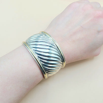    David Yurman Wide Sculpted Silver Gold Thoroughbred Cuff Bracelet