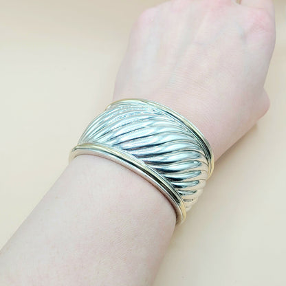    David Yurman Wide Sculpted Silver Gold Thoroughbred Cuff Bracelet