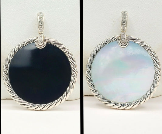    David Yurman Elements Mother of Pearl Onyx Diamond Reversible Pendant Enhancer 32mm