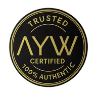 Black circular logo with gold text 'Trusted AYW Certified 100% Authentic' on a white background