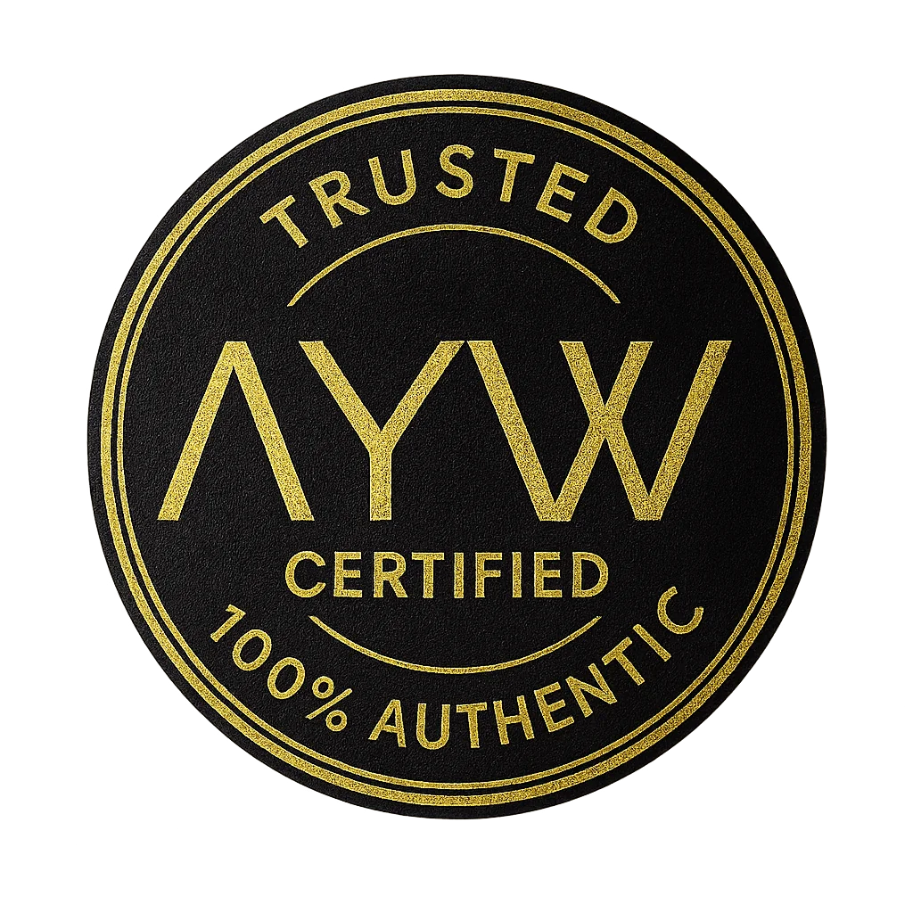 Round black and gold logo with 'Trusted Certified 100% Authentic' text